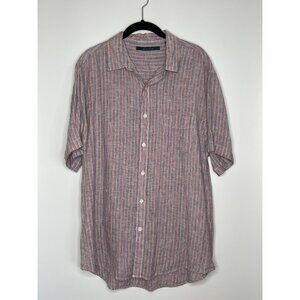 Perry‎ Ellis Men's 100% Linen Blue Red Stripe Button Up Short Sleeve Shirt Large